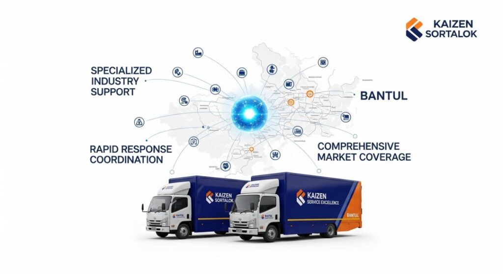 Armada logistik Kaizen K3 ditampilkan bersama peta jangkauan layanan yang mencakup seluruh wilayah Bantul, menegaskan strategi distribusi terintegrasi dengan respon cepat dan koordinasi terpusat yang diperkuat oleh sistem proteksi kebakaran modern melalui APAR Bantul.