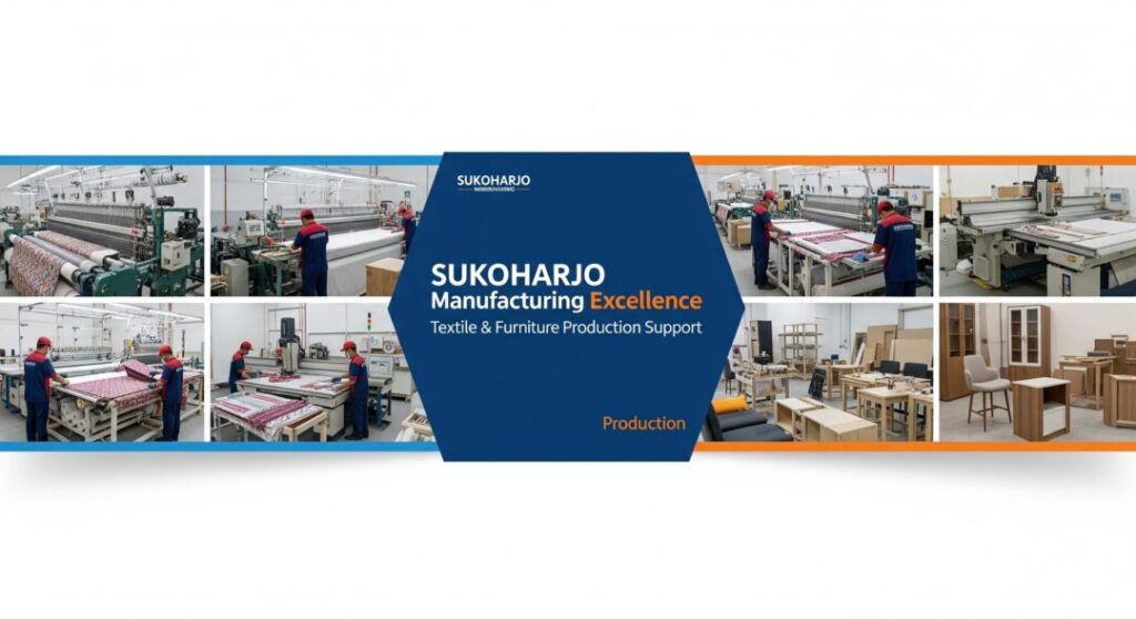 Kolase visual yang menampilkan proses produksi tekstil dan pembuatan mebel, menggambarkan keunggulan manufaktur Sukoharjo sekaligus memperlihatkan peran Kaizen Sortalok dalam menghadirkan sistem keselamatan kerja terpadu melalui layanan APAR Sukoharjo.