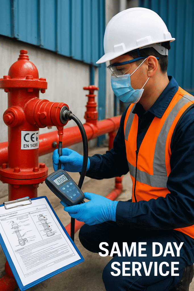 Teknisi K3 profesional dari Kaizen K3 sedang melakukan inspeksi dan pressure test hydrant dengan alat digital, menawarkan layanan "Same Day Service" di area APAR Joglosemar.