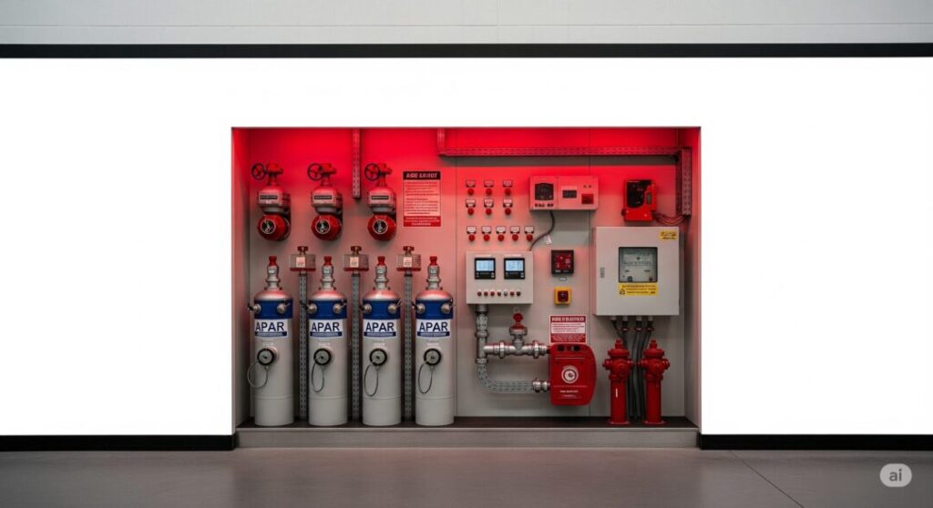 Panel kontrol sistem proteksi kebakaran terintegrasi, termasuk sistem hydrant dan alarm, yang diinstal oleh Kaizen K3 untuk klien industri di APAR Solo.