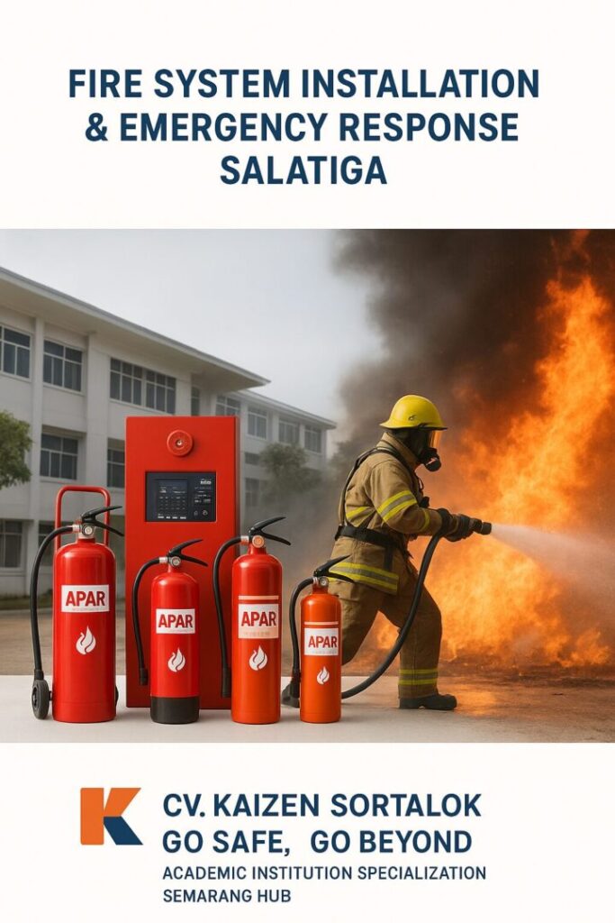 Petugas pemadam dari CV. Kaizen Sortalok sedang melakukan simulasi pemadaman kebakaran di depan sebuah institusi akademik, memperlihatkan profesionalitas serta spesialisasi layanan keselamatan kerja yang diperkuat dengan perlindungan modern melalui APAR Salatiga.