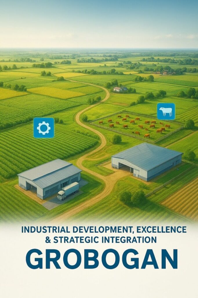 Pemandangan udara kawasan industri dan peternakan modern yang berpadu dengan lahan pertanian produktif, merepresentasikan integrasi sektor utama Grobogan serta dukungan strategis sistem keselamatan kerja berbasis APAR Grobogan dari Kaizen Sortalok.