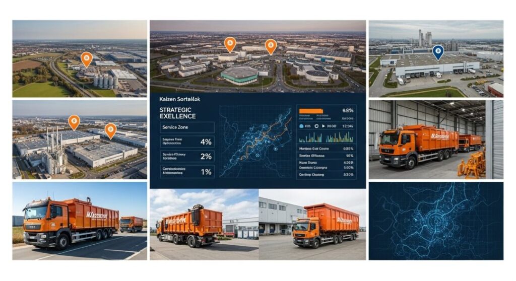 Dasbor keunggulan strategis Kaizen Sortalok menampilkan jangkauan layanan logistik dengan armada truk di kawasan industri, merepresentasikan integrasi distribusi modern dan perlindungan kebakaran terpadu melalui APAR Wonogiri.