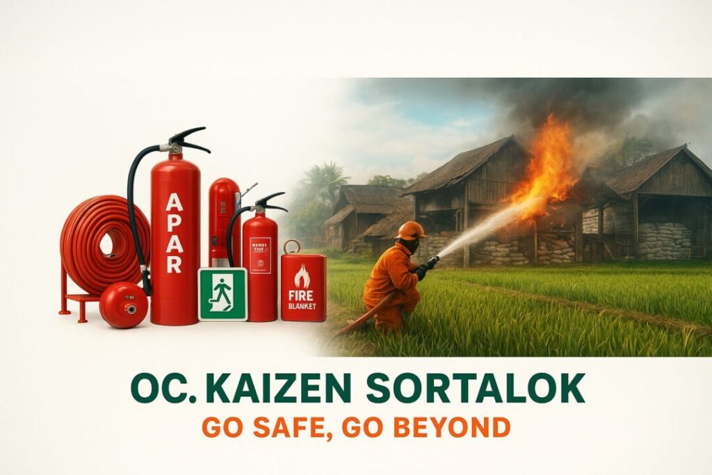 Rangkaian produk APAR Demak dari Kaizen Sortalok di samping aksi petugas memadamkan kebakaran di area pertanian Demak.