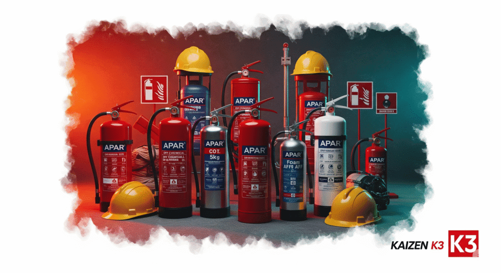 Koleksi alat pemadam api ringan dari Kaizen K3 mencakup varian Powder, CO2, dan Foam beserta perlengkapan helm keselamatan, merepresentasikan solusi proteksi kebakaran menyeluruh yang dihadirkan lewat layanan APAR Jogjakarta.