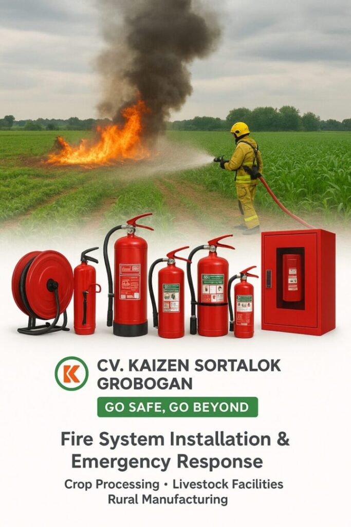 Produk APAR Kaizen Sortalok ditampilkan secara lengkap bersama latar petugas pemadam yang aktif menangani kebakaran di lahan pertanian, menjadi simbol integrasi sistem keselamatan kerja profesional melalui APAR Grobogan.