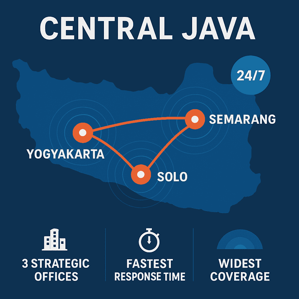 Peta jangkauan layanan K3L dan APAR Joglosemar (Yogyakarta, Solo, Semarang) oleh Kaizen K3 yang menunjukkan 3 kantor strategis dan layanan 24/7.