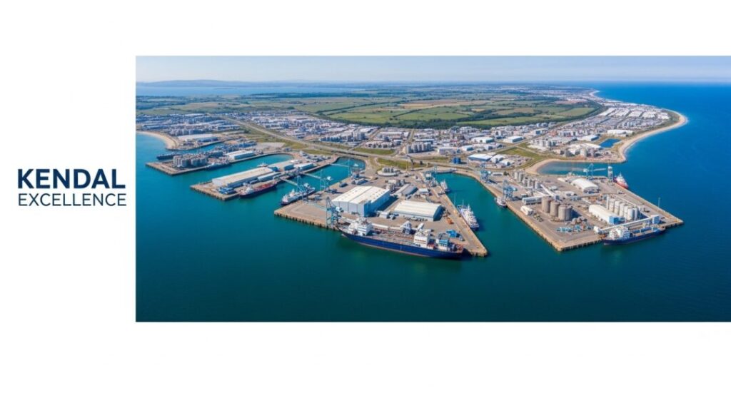 Pemandangan udara Kawasan Industri Kendal (KIK) dan pelabuhan di pesisir pantai, menunjukkan keunggulan dan skala area layanan Kaizen Sortalok untuk APAR Kendal
