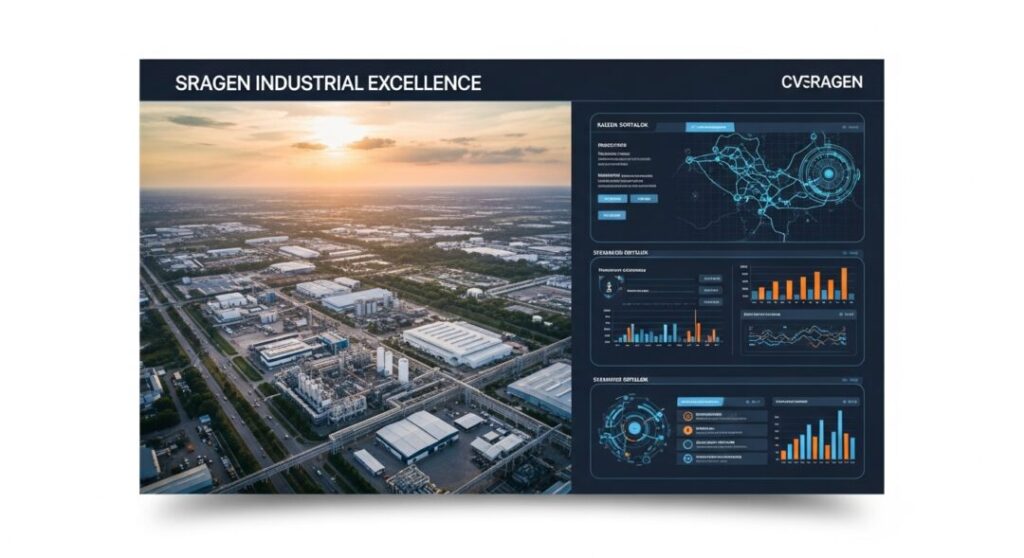 Visualisasi dashboard interaktif bertema “Sragen Industrial Excellence” yang menampilkan indikator keselamatan kerja dan performa industri, menggambarkan strategi Kaizen Sortalok dalam memperkuat K3L melalui layanan APAR Sragen.