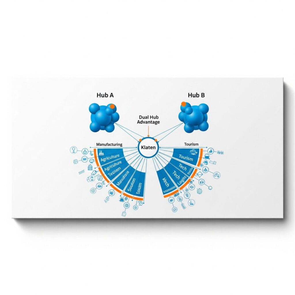 Visualisasi keunggulan Klaten sebagai pusat industri yang terhubung Yogyakarta–Surakarta, dipresentasikan Kaizen K3 dengan fokus APAR Klaten.