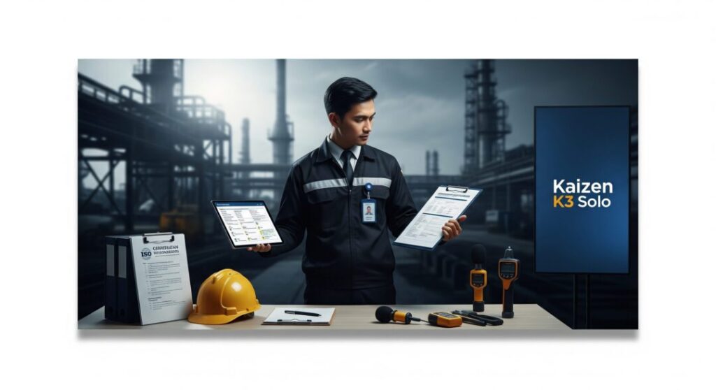 Konsultan ahli dari Kaizen K3 Solo membandingkan data audit K3L di tablet dengan checklist, siap memberikan solusi keselamatan kerja di Surakarta dan APAR Solo