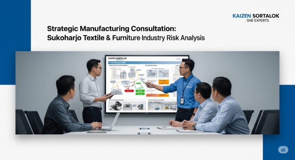 Sesi konsultasi strategis bersama tim ahli K3L Kaizen Sortalok menampilkan paparan analisis risiko untuk sektor tekstil dan furnitur, menegaskan pentingnya penerapan sistem keselamatan komprehensif yang diperkuat oleh layanan APAR Sukoharjo.