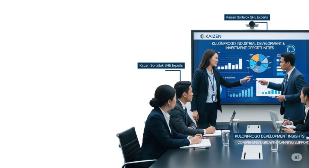 Tim ahli Kaizen Sortalok sedang menyampaikan presentasi peluang investasi dan pengembangan sektor industri, menggambarkan bagaimana strategi keselamatan kerja terintegrasi dapat menarik minat investor dengan dukungan perlindungan kebakaran melalui APAR Kulon Progo.