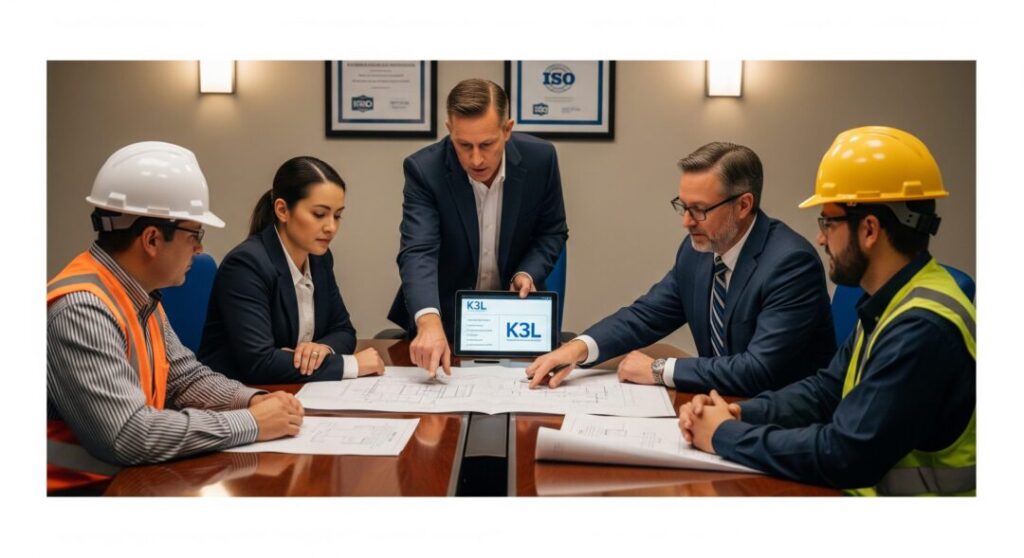 Tim konsultan dan insinyur Kaizen K3 meninjau blueprint proyek konstruksi dengan detail rancangan sistem keselamatan kerja, memperlihatkan komitmen pada standar perlindungan modern yang diperkuat oleh layanan APAR Kota Semarang.