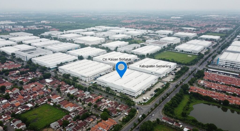Pemandangan udara kawasan industri Kabupaten Semarang dengan pin lokasi layanan Kaizen Sortalok dan kehadiran APAR Kabupaten Semarang di tengah pabrik-pabrik.