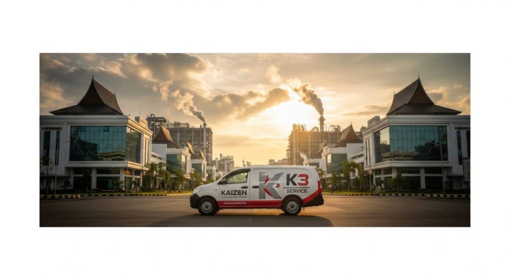 Mobil layanan Kaizen K3 terparkir di sebuah kawasan industri di Solo saat matahari terbit, menunjukkan kesiapan melayani klien B2B untuk APAR Solo