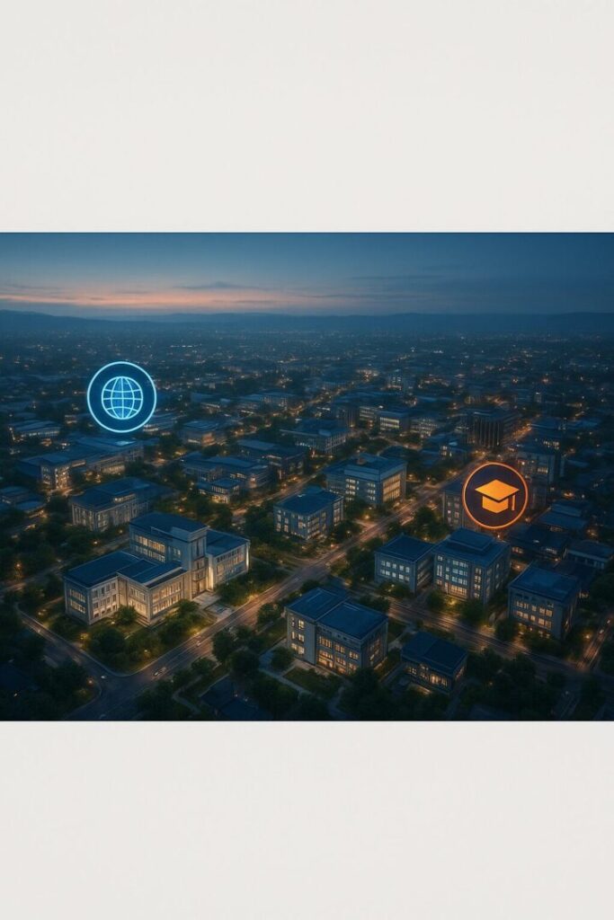 Panorama urban Salatiga pada waktu malam yang diterangi ikon bercahaya pusat pendidikan dan bisnis, menegaskan posisi kota sebagai area layanan strategis Kaizen Sortalok sekaligus komitmen perusahaan dalam menghadirkan perlindungan menyeluruh lewat APAR Salatiga.