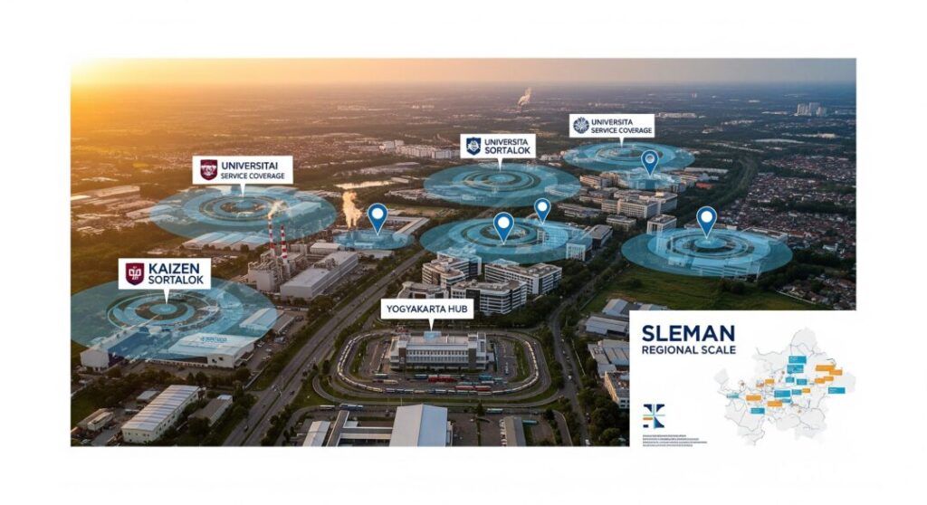 Peta cakupan regional Kaizen Sortalok ditampilkan dengan fokus pada sektor pendidikan tinggi dan industri di Sleman, memperlihatkan integrasi layanan K3L profesional yang diperkuat dengan solusi proteksi kebakaran berbasis APAR Sleman.