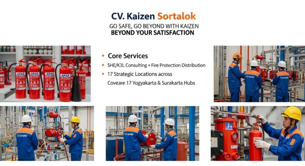 Visual kolase yang memperlihatkan tiga layanan utama Kaizen Sortalok, yaitu konsultasi K3L, distribusi produk pemadam kebakaran, dan dukungan teknisi instalasi, menegaskan komitmen perusahaan dalam menghadirkan sistem keselamatan kerja profesional lewat APAR Wonogiri.