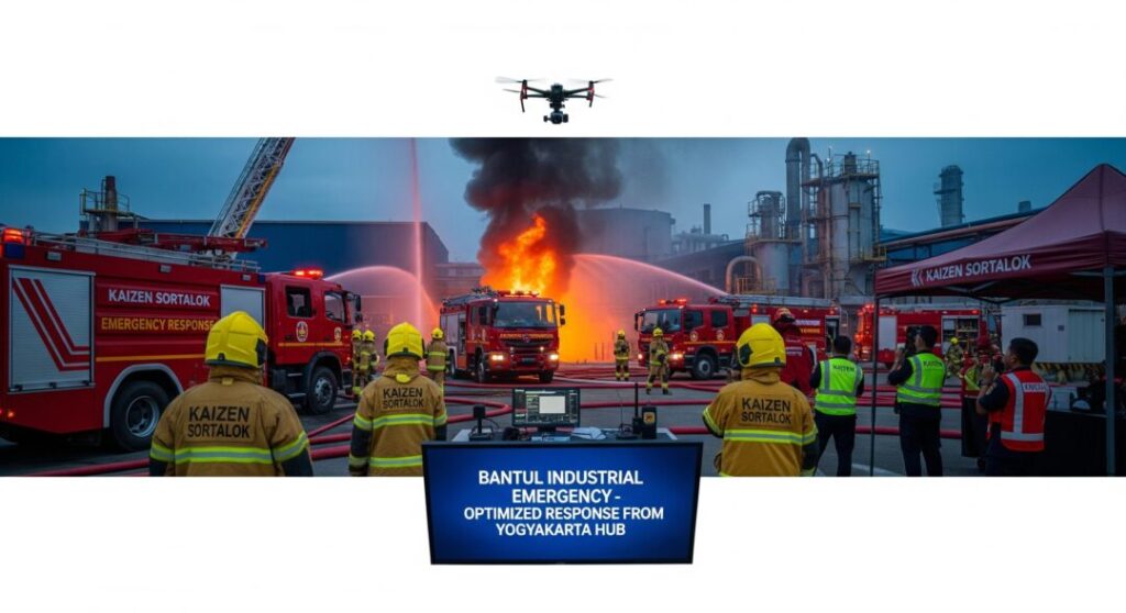 Simulasi penanganan kebakaran industri berskala besar oleh tim tanggap darurat Kaizen Sortalok yang dilengkapi armada pemadam modern, menegaskan komitmen perusahaan dalam menghadirkan perlindungan kebakaran terintegrasi berbasis APAR Bantul.