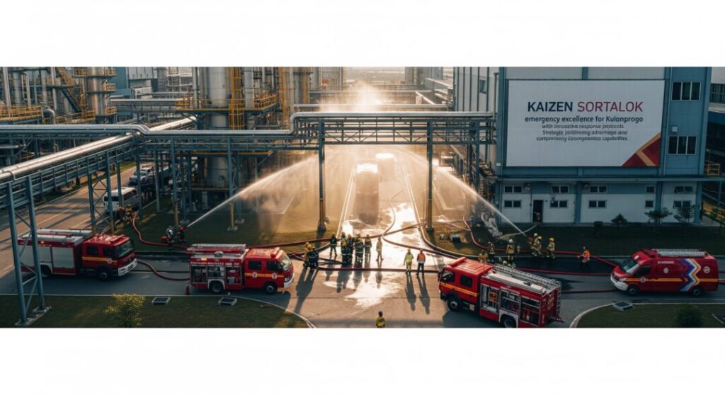 Tim tanggap darurat Kaizen Sortalok melakukan simulasi pemadaman di sebuah pabrik skala besar, memperlihatkan kesiapan menghadapi risiko kebakaran industri dengan standar keselamatan modern yang diperkuat oleh layanan APAR Kulon Progo.