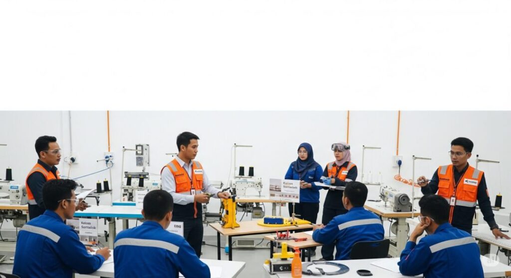 Instruktur Kaizen K3 memberikan pelatihan keselamatan kerja menggunakan peralatan langsung di pabrik garmen Klaten dengan dukungan APAR Klaten.