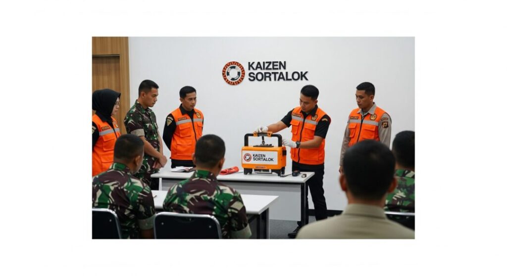 Instruktur Kaizen Sortalok sedang memperagakan cara kerja peralatan keselamatan kerja kepada anggota TNI dalam sesi pelatihan khusus, memperlihatkan penerapan standar proteksi kebakaran modern yang diperkuat oleh layanan APAR Magelang.