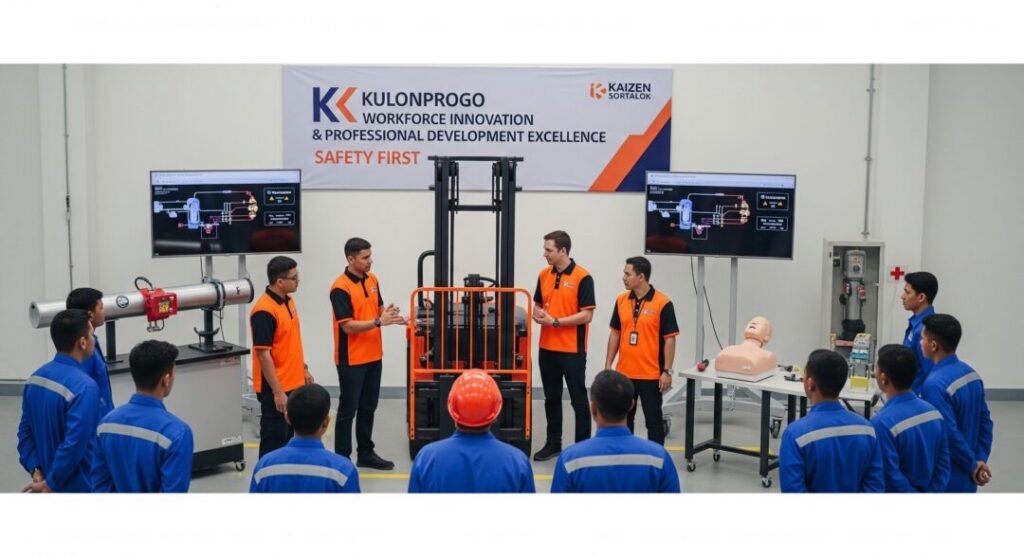 Sesi pelatihan K3L di pusat pengembangan tenaga kerja menampilkan instruktur Kaizen Sortalok yang membimbing peserta dalam keterampilan forklift serta first aid, menekankan pentingnya kesiapsiagaan industri dengan dukungan layanan APAR Kulon Progo.