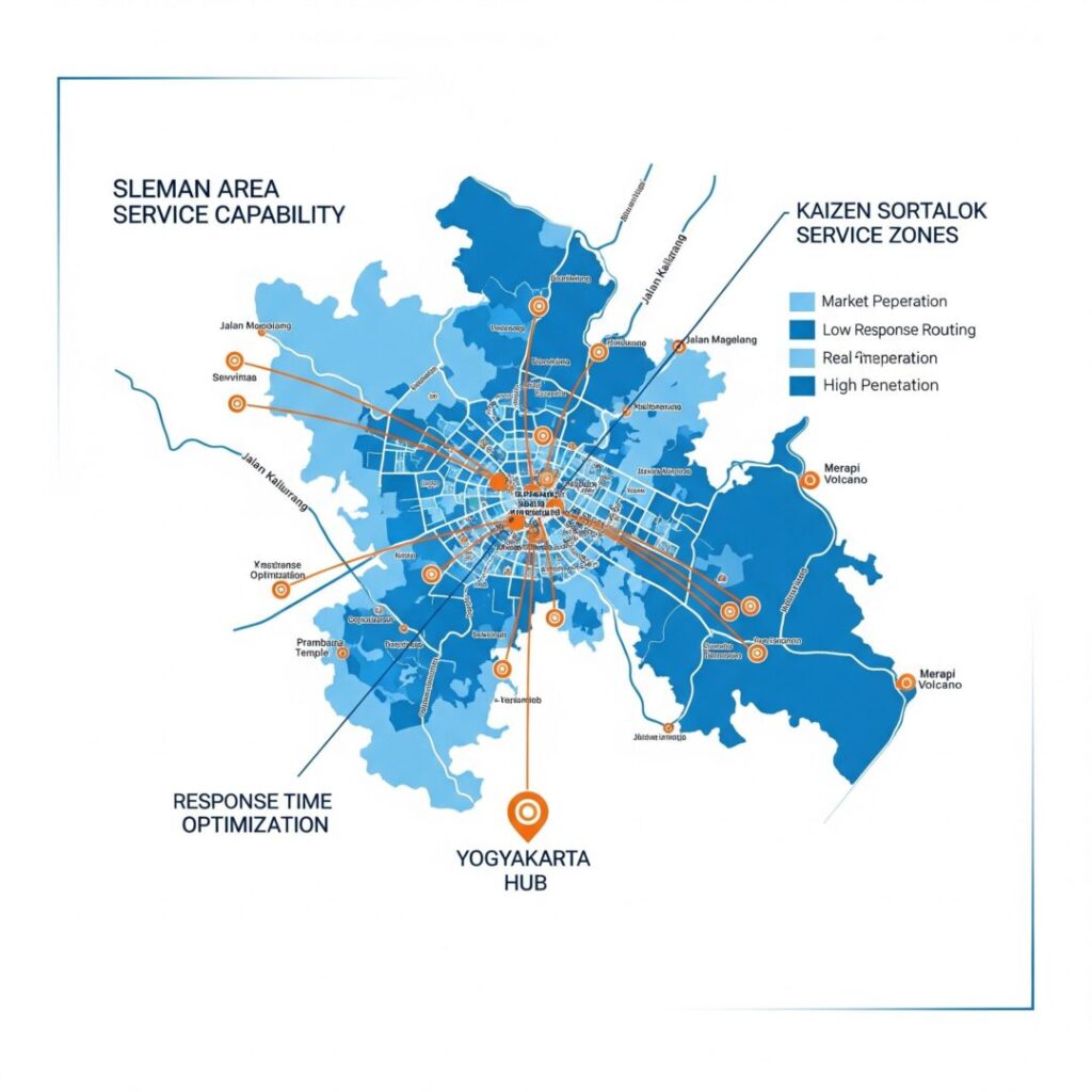 Peta detail kapabilitas layanan Kaizen Sortalok di kawasan Sleman memperlihatkan zona penetrasi pasar dan jalur distribusi utama, menggambarkan strategi optimasi waktu respon hub Yogyakarta yang diperkuat dengan perlindungan kebakaran komprehensif melalui APAR Sleman.