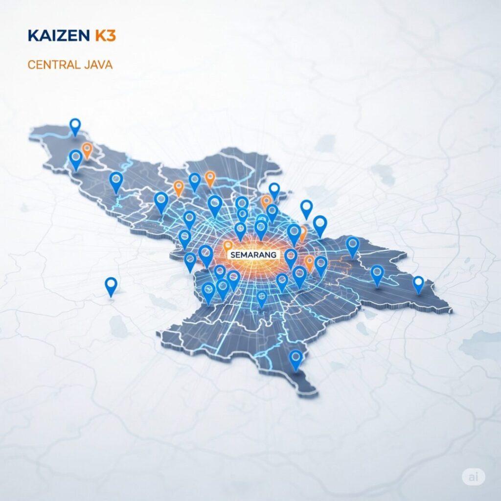 Peta 3D Jawa Tengah berfokus pada pusat kota industri dengan jaringan distribusi luas Kaizen K3, merepresentasikan layanan keselamatan kerja regional yang terintegrasi dan sistem perlindungan kebakaran modern melalui APAR Kota Semarang.