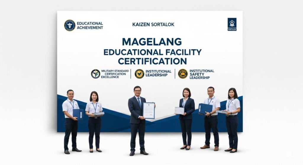 Tim Kaizen Sortalok memegang piagam sertifikasi bergengsi yang diberikan untuk fasilitas pendidikan dan standar militer, menegaskan keunggulan kepemimpinan institusional di bidang keselamatan kerja serta perlindungan kebakaran modern melalui APAR Magelang.