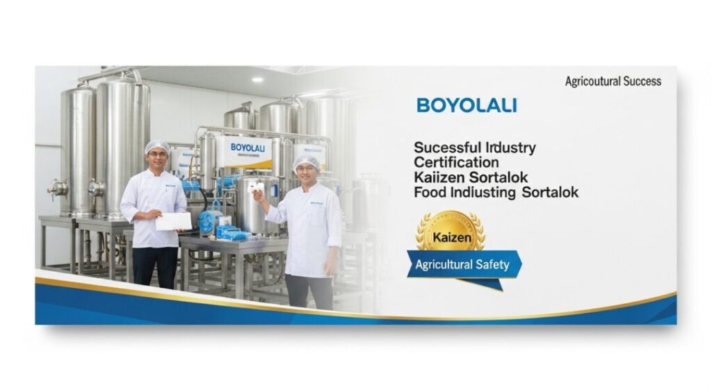 Dua pekerja di pabrik pengolahan susu di Boyolali menunjukkan sertifikat keberhasilan industri dan penghargaan "Agricultural Safety" dari Kaizen Sortalok. Dan inilah APAR Boyolali