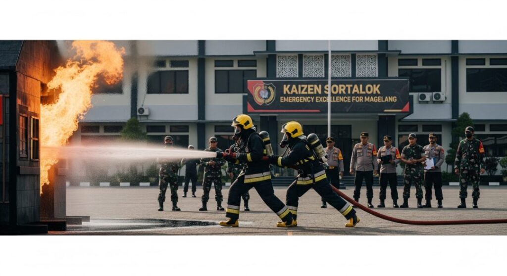Simulasi pemadaman api yang dipimpin tim pemadam Kaizen Sortalok berlangsung dengan pengawasan pejabat tinggi TNI dan Polri, menekankan pentingnya kesiapsiagaan serta integrasi standar K3L yang diperkuat oleh APAR Magelang.
