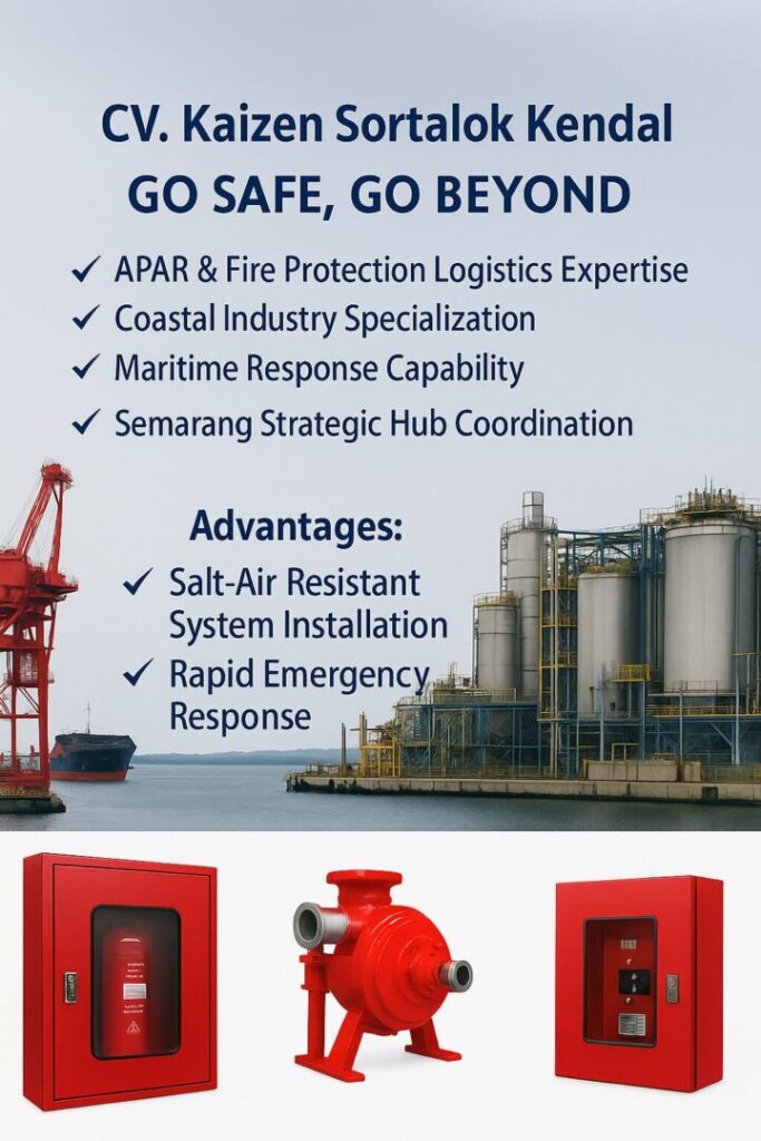 Banner layanan CV. Kaizen Sortalok APAR Kendal dengan spesialisasi untuk industri pesisir, termasuk sistem instalasi tahan udara asin dan kapabilitas respons maritim.
