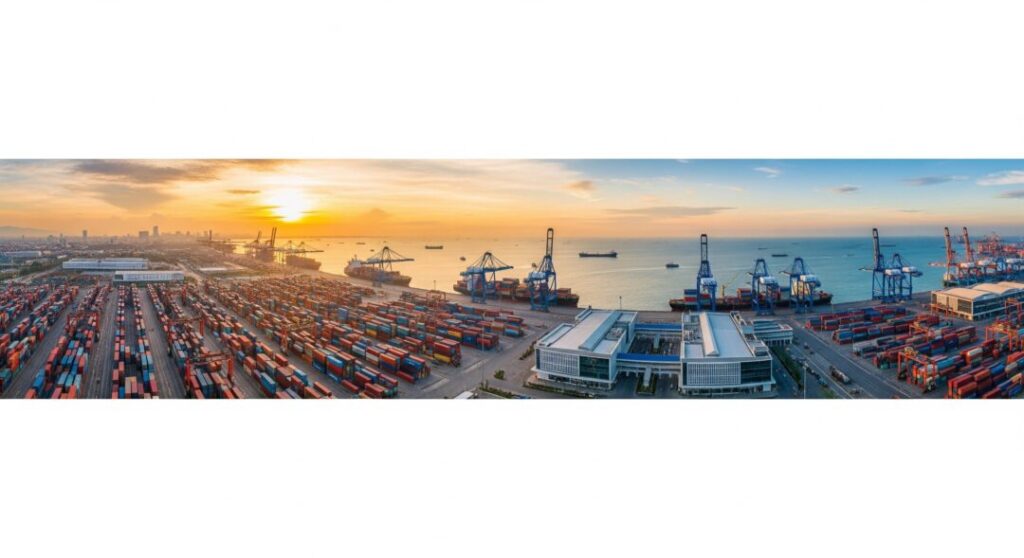 Pemandangan dermaga saat matahari terbenam, memperlihatkan aktivitas bongkar muat barang serta jalur distribusi laut, menjadi simbol bagaimana sektor logistik membutuhkan solusi keselamatan kerja yang tangguh dengan dukungan APAR Kota Semarang.