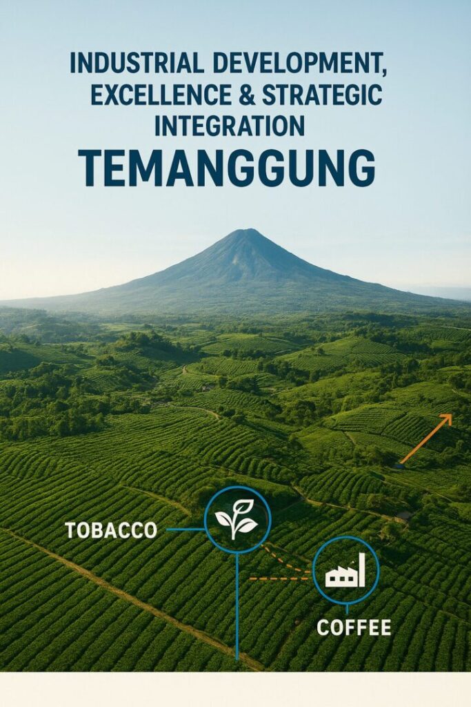 Pemandangan perkebunan tembakau dan kopi di wilayah pegunungan divisualisasikan dengan grafis integrasi industri, menggambarkan strategi pengembangan sektor agrikultur dan manufaktur yang diperkuat oleh layanan keselamatan kerja serta perlindungan kebakaran melalui APAR Temanggung dari Kaizen Sortalok.