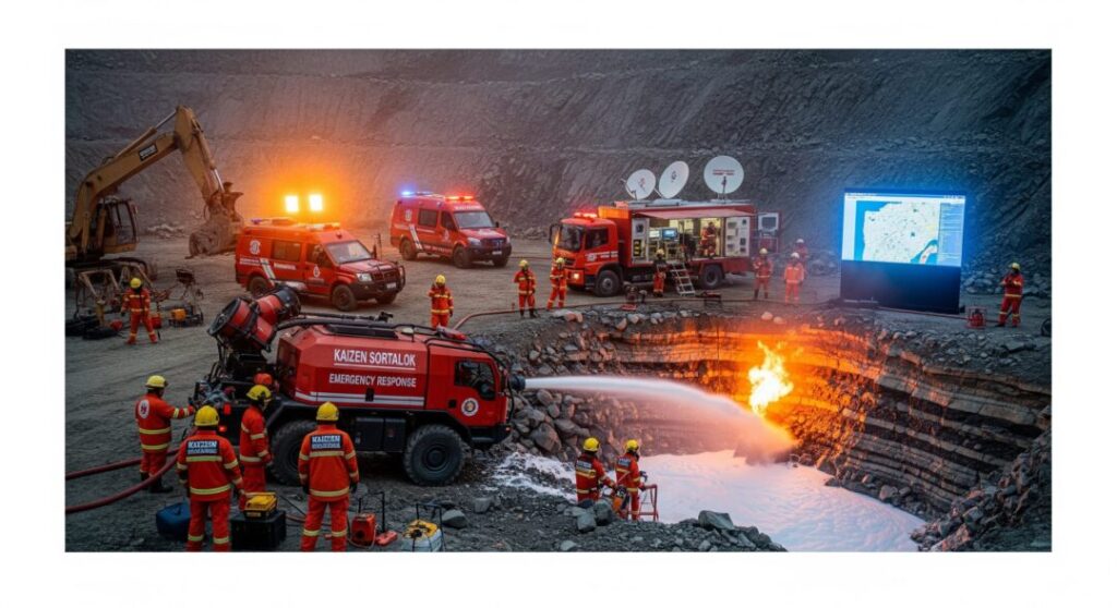 Simulasi tim tanggap darurat Kaizen Sortalok memadamkan api di lokasi tambang di Gunungkidul menggunakan armada dan pos komando modern. Dan inilah APAR Gunungkidu
