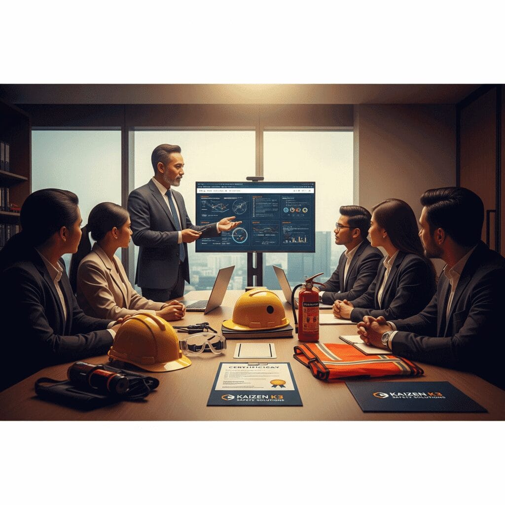 Sesi pelatihan K3L bersama konsultan Kaizen K3 di Yogyakarta membahas audit SMK3 secara detail, menggambarkan komitmen peningkatan keselamatan kerja industri dengan solusi perlindungan kebakaran terintegrasi berbasis APAR Jogjakarta.