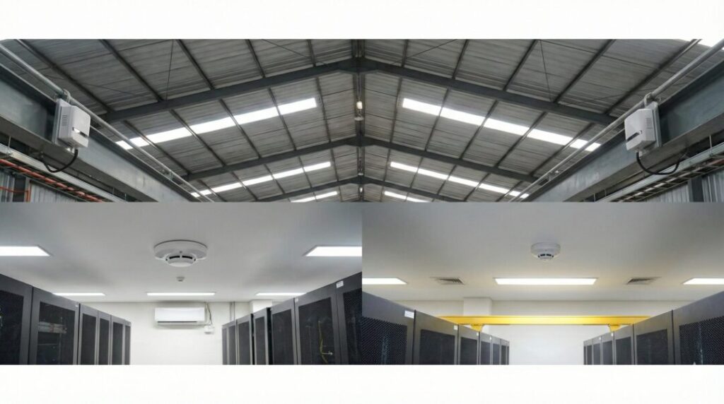 Instalasi beam detector dan smoke detector di pabrik oleh Kontraktor Fire Alarm Jawa Tengah.