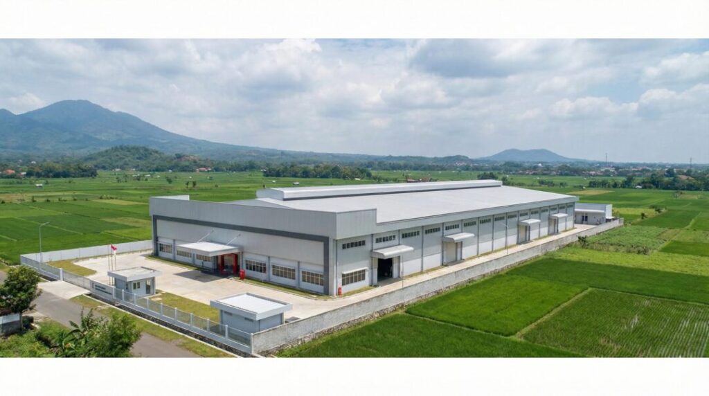 Foto udara pabrik modern di Jawa Tengah, area layanan Kontraktor Fire Alarm.