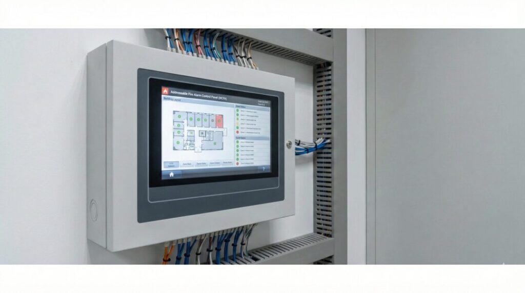 Panel kontrol fire alarm addressable canggih yang diinstalasi Kontraktor Fire Alarm Jawa Tengah.