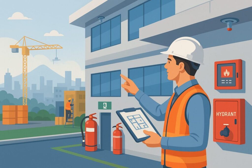 Insinyur Kontraktor LABS Solo memeriksa sistem keselamatan gedung termasuk hydrant, fire alarm, dan jalur evakuasi