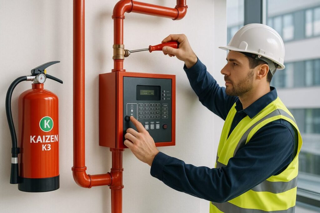 Kontraktor LABS oleh Kaizen K3 sedang mengerjakan instalasi sistem proteksi kebakaran dengan teknisi memeriksa panel fire alarm dan tabung APAR merah terpasang di dinding gedung modern.