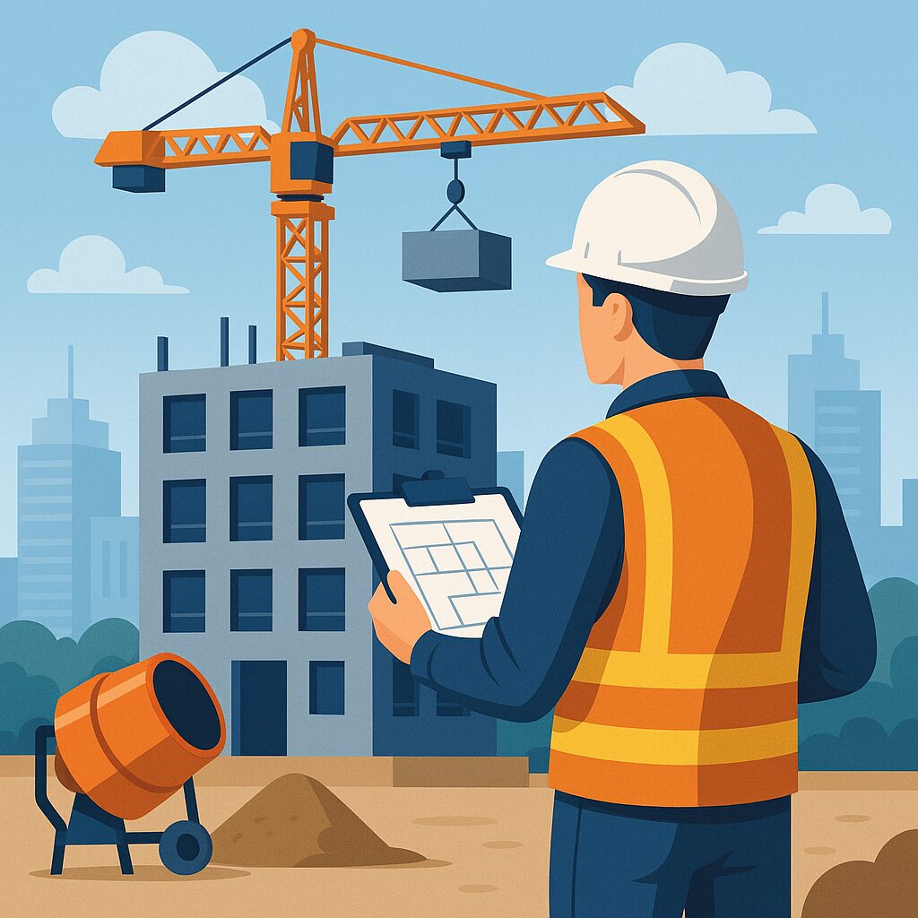 Insinyur Kontraktor LABS Solo sedang melakukan inspeksi keselamatan bangunan di area proyek konstruksi