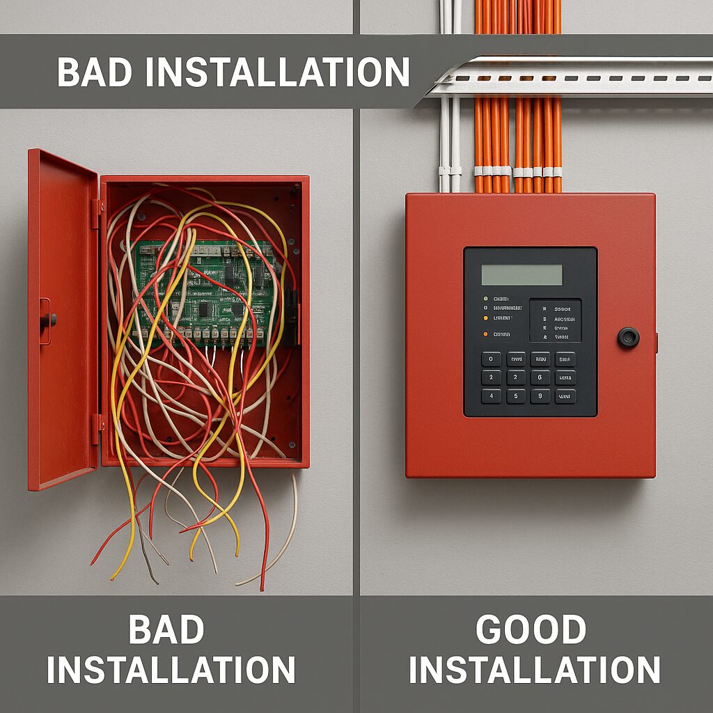 Perbandingan instalasi fire alarm rapi vs berantakan oleh Kontraktor Fire Alarm profesional, menunjukkan standar pemasangan Kaizen K3