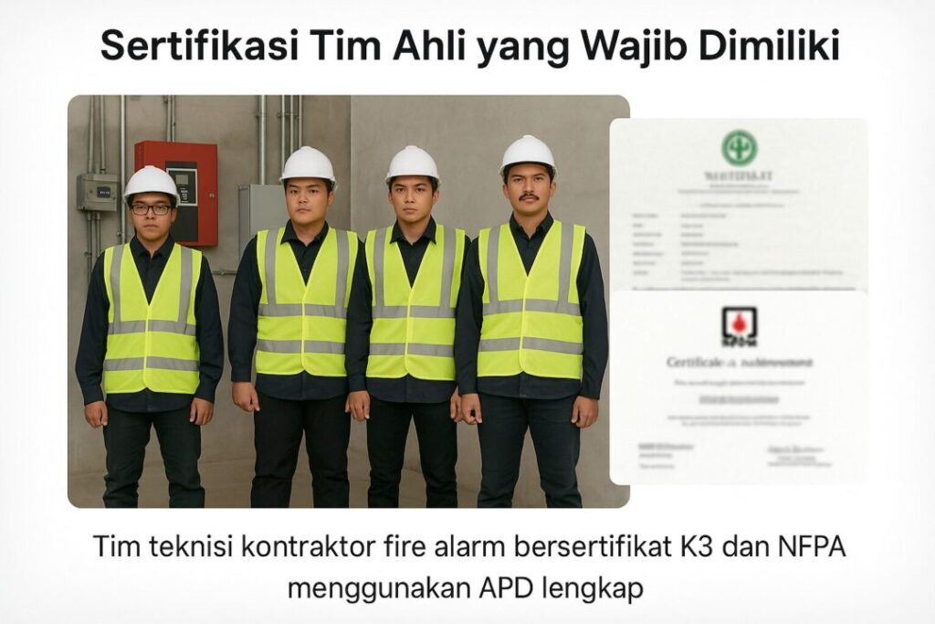 Tim teknisi Kontraktor Fire Alarm bersertifikat K3 dan NFPA menggunakan APD lengkap saat melakukan briefing