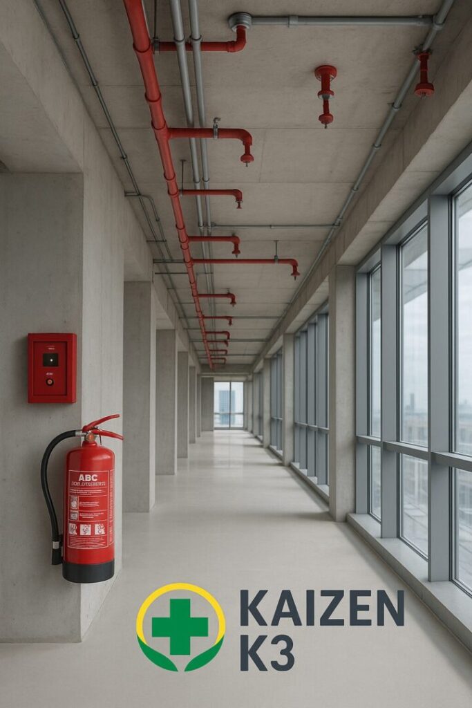 Trading Peralatan K3 oleh Kaizen K3 menampilkan sistem proteksi kebakaran di gedung bertingkat dengan tabung APAR terpasang rapi di dinding, pipa sprinkler di langit-langit, dan panel fire alarm menyala, menggambarkan kesiapan sistem K3 di lingkungan bangunan modern.