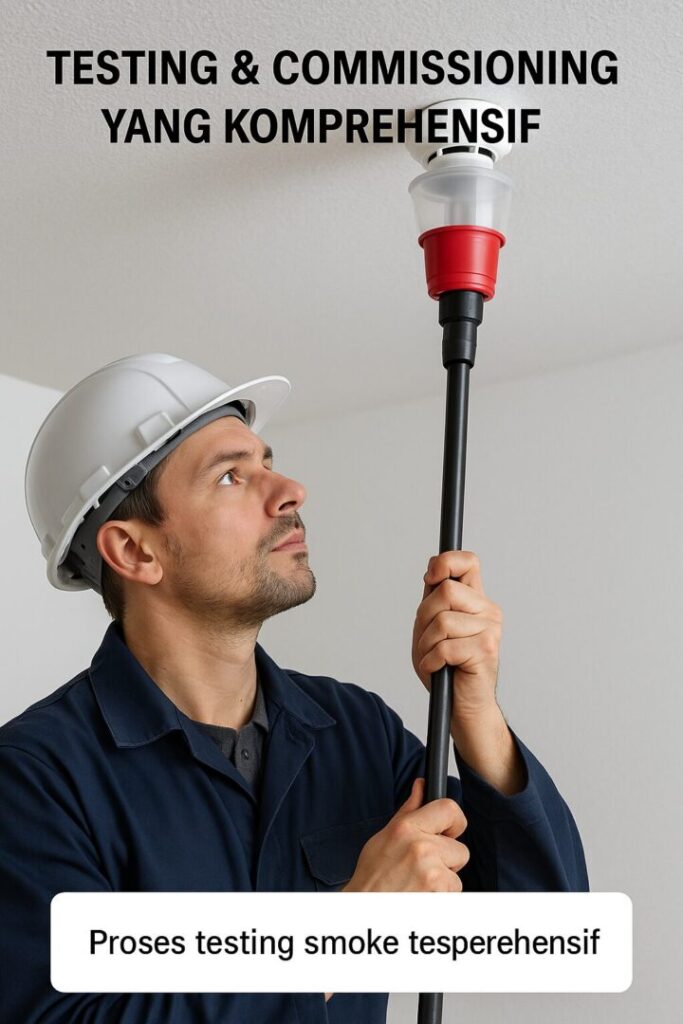 Proses pengujian smoke detector oleh teknisi kontraktor fire alarm menggunakan smoke tester profesional