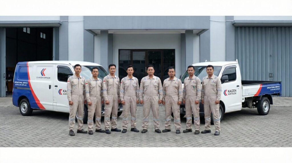 Tim teknisi berseragam dan armada layanan profesional dari Kontraktor Fire Alarm Jawa Tengah.