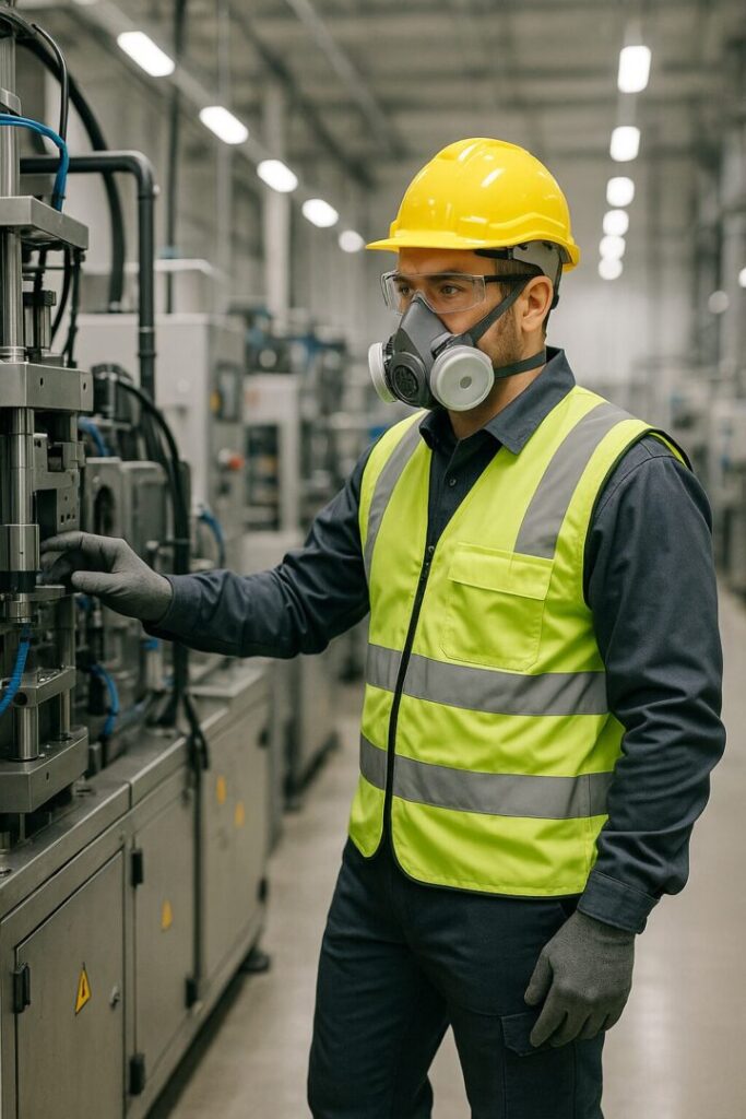 Trading Peralatan K3 oleh Kaizen K3 menampilkan pekerja manufaktur mengenakan APD lengkap seperti helm safety, kacamata pelindung, masker respirator, rompi high-visibility, dan sepatu boots safety di lingkungan pabrik modern yang memprioritaskan keselamatan kerja.